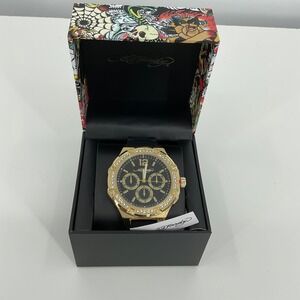 Ed Hardy‎ Gold Tone Chronograph Black Dial Mens Watch Crystal Bezel